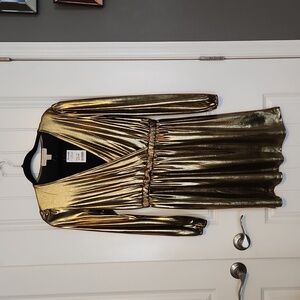 Gold lame, long sleeve faux wrap mini dress